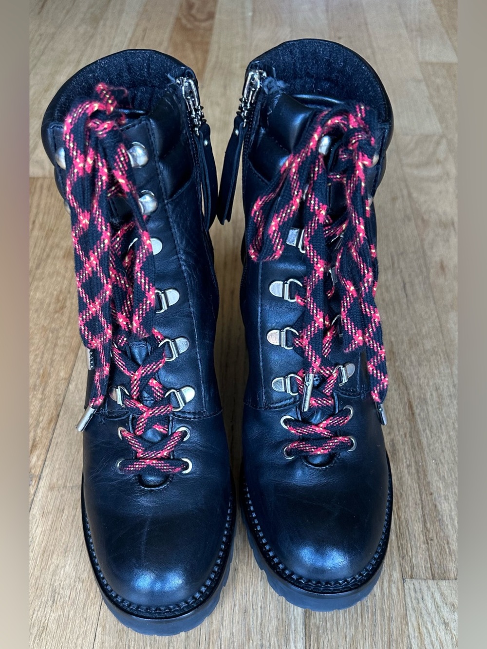 Sam Edelman SADE Hiker/Combat Block Heel  Boots with Red/Black/Yellow Laces (9)